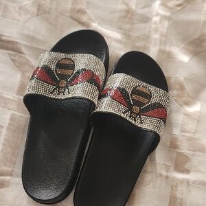 Embellished Black Slide Sandals with Red & Gold Accents